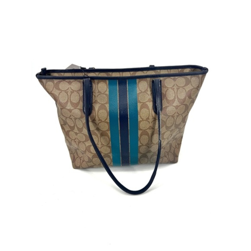 Coach City Tote Signature Canvas Varsity Stripe Brown Teal Navy‎ Zip Top Bag - Picture 2 of 9